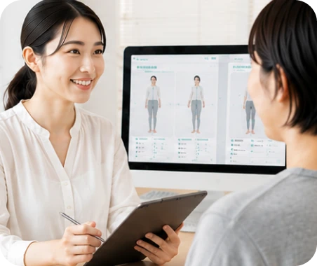 姿勢分析結果を見ながら説明する様子